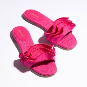 Larroude | Ivy Ruffle Raffia Slide Sandal Raffia Pink NIB